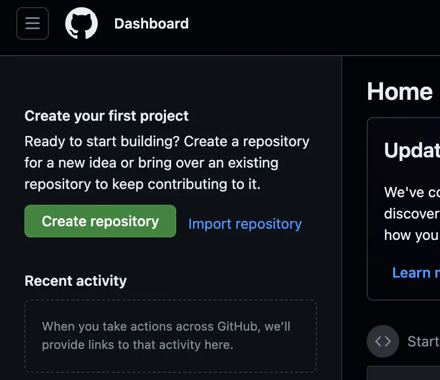 Új repository létrehozása gomb a GitHub oldalsávjában