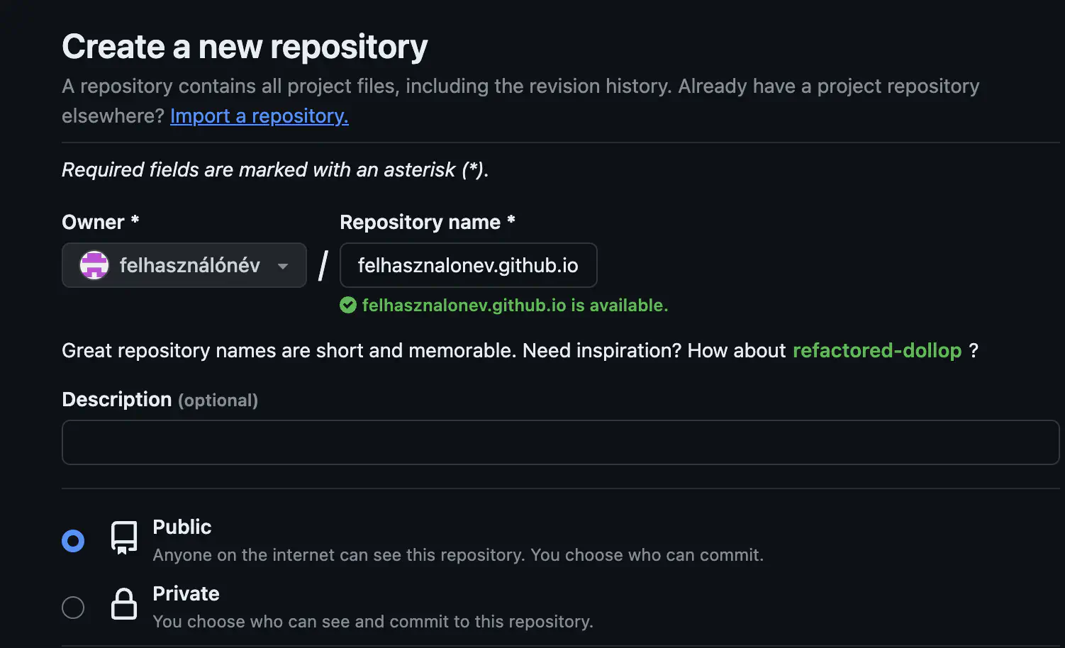 GitHub repository létrehozó űrlap a USERNAME.github.io névvel kitöltve