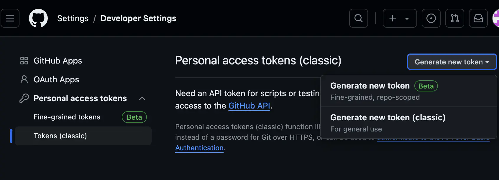 GitHub personal access token létrehozó oldal