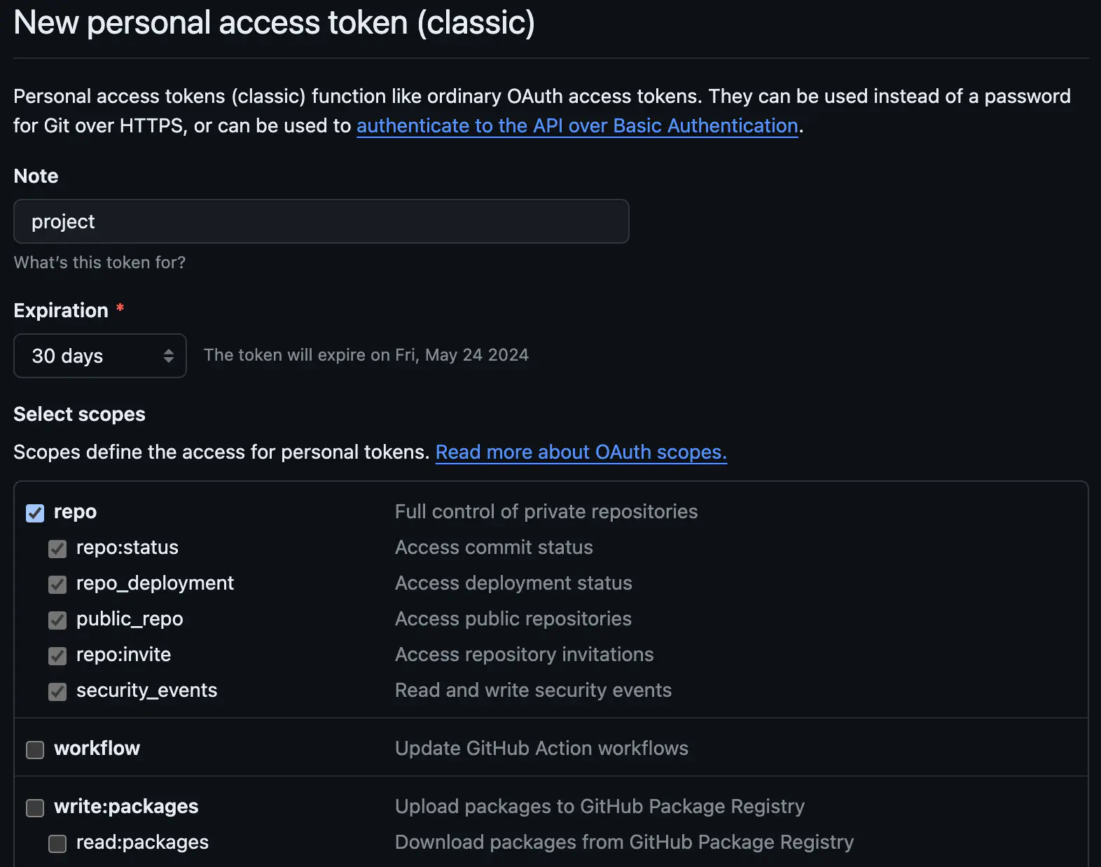 GitHub token beállítások a repo jelölőnégyzet bejelölésével